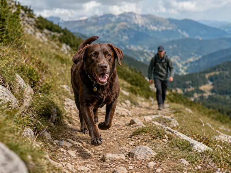 Dog exploring a mountain trail with its person nearby